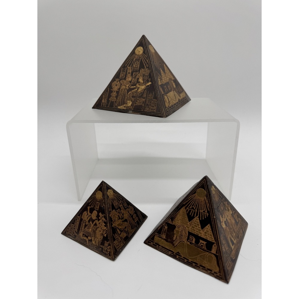 Vintage Egyptian Etched Metal Pyramid Figurines Sphinx Hieroglyphs Set of 3